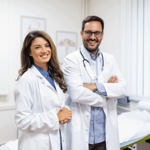 portrait of smiling young doctors standing together portrait of medical staff inside modern hospital smiling